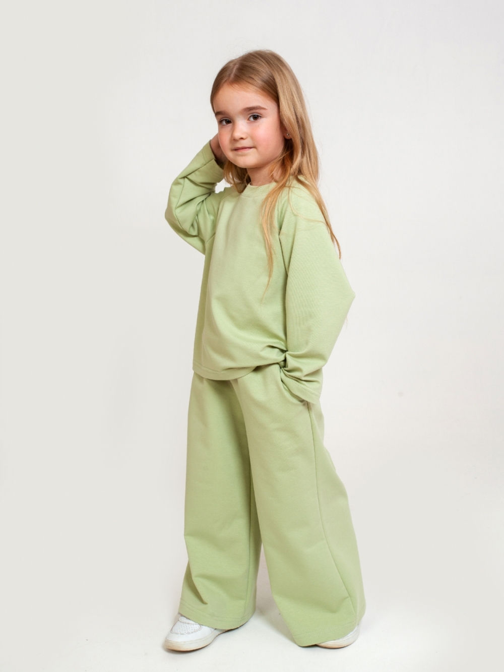 323-ФС. Костюм детский Палаццо, фисташка, хлопок 70%, 25% ПЭ, 5% лайкра, футер 2-х нитка без начеса, размеры 86,92,98,104,110,116